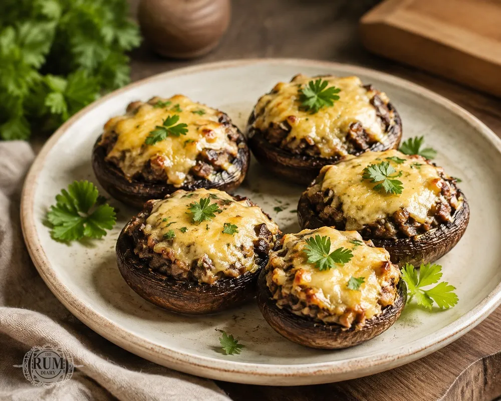 Запеченные шляпки шампиньонов с луком и сыром
