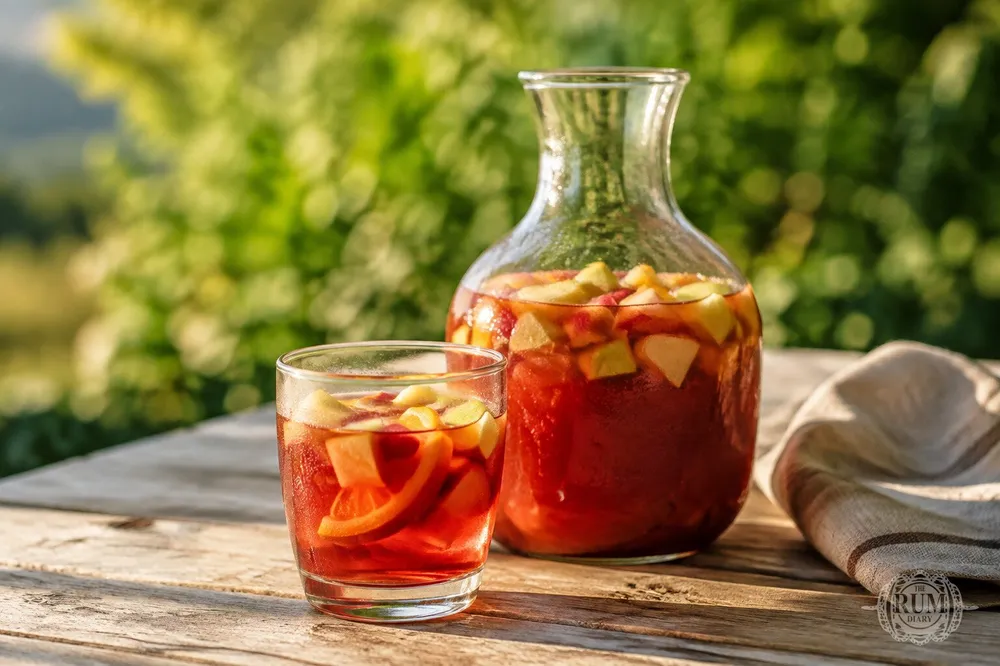 Sangria Senorial bottle pictured with a cocktail accompanied by apple chunks